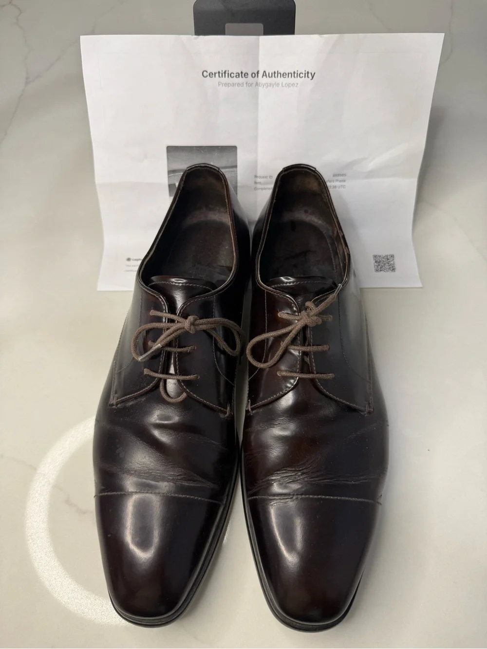Authentic Prada Men’s Burgundy Spazzolato Leather  Derby Dress Shoes US 10.5